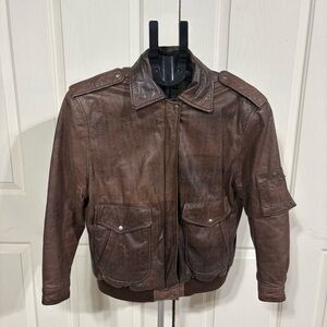 Avanti Airborne Vintage Brown Leather Bomber Jacket Size S Full Zip Snaps Lined